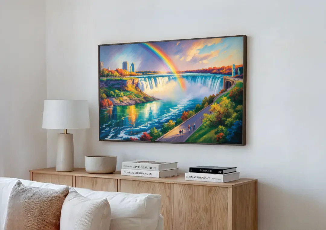 Rainbow Over Niagara Falls canvas wall art above a wooden sideboard next to a sofa