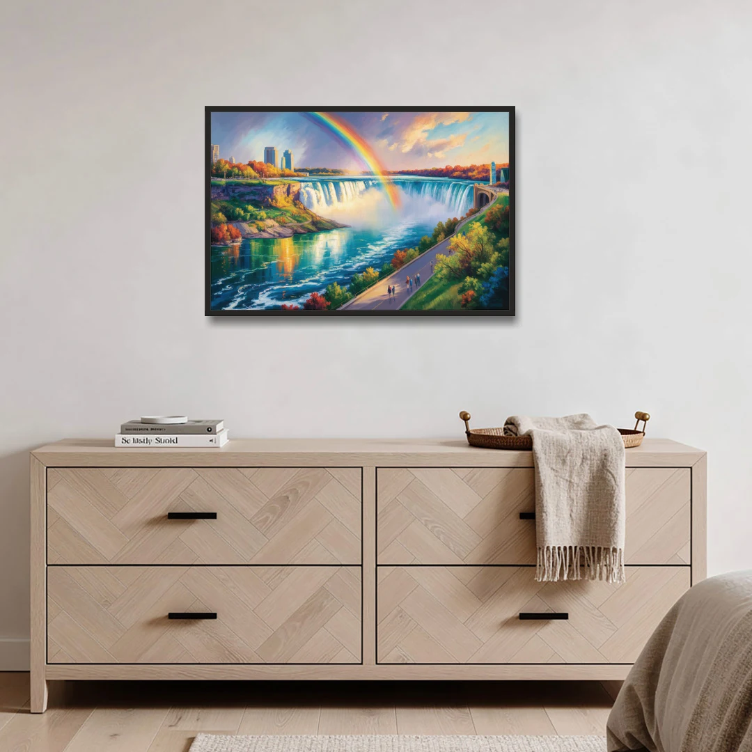 Rainbow Over Niagara Falls - Black Framed Canvas Wall Art - Coffee Table - 36x24