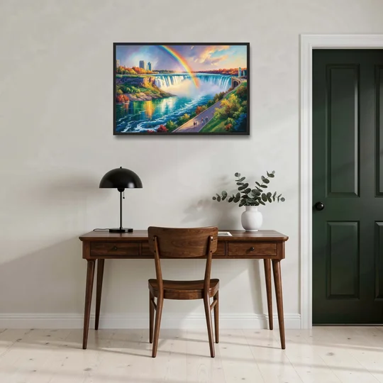 Rainbow Over Niagara Falls - Black Framed Canvas Wall Art - Office - 36x24