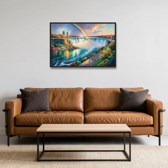 Rainbow Over Niagara Falls - Black Framed Canvas Wall Art - Sofa - 36x24