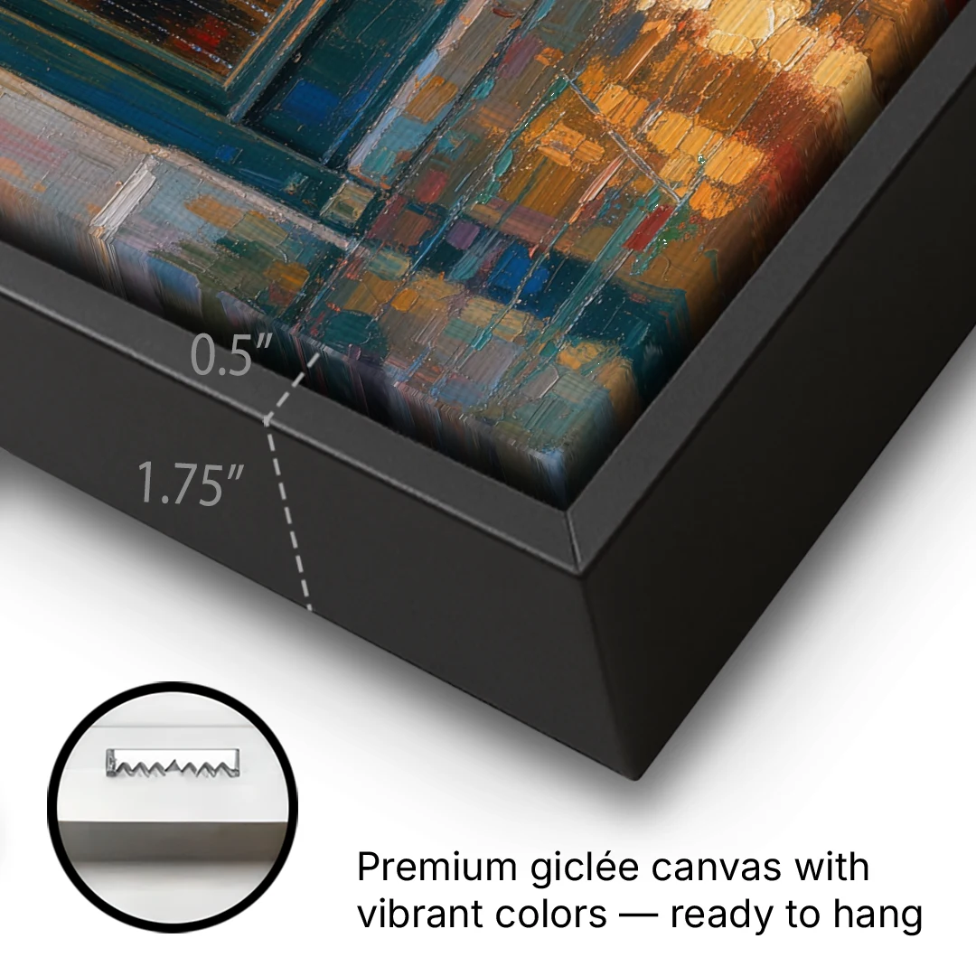Rainy Cafe Painting of a Lone Window Table - Black Framed Canvas Wall Art - Gallery Wrap Corner
