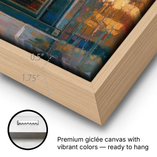 Rainy Cafe Painting of a Lone Window Table - Oak Framed Canvas Wall Art - Gallery Wrap Corner