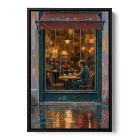 Rainy Cafe Painting of a Lone Window Table - Black Framed Canvas Wall Art - Front