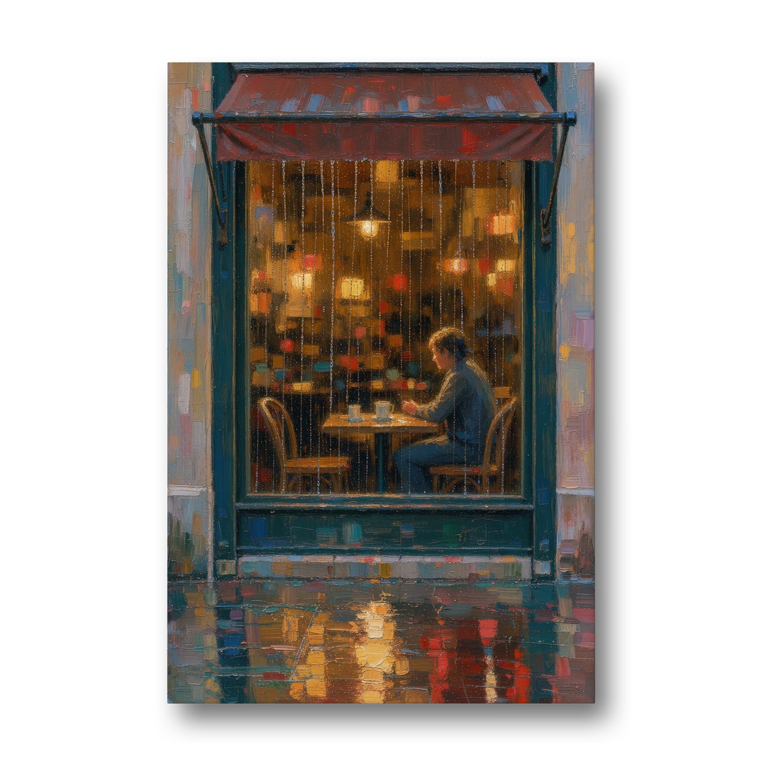 Rainy Cafe Painting of a Lone Window Table - Canvas Wall Art - Front