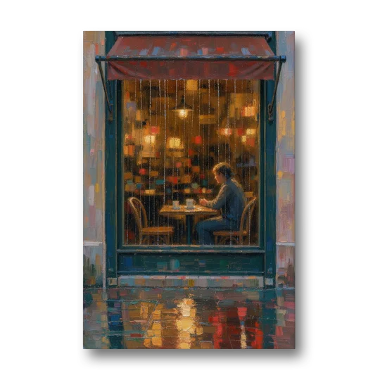 Rainy Cafe Painting of a Lone Window Table - Canvas Wall Art - Front