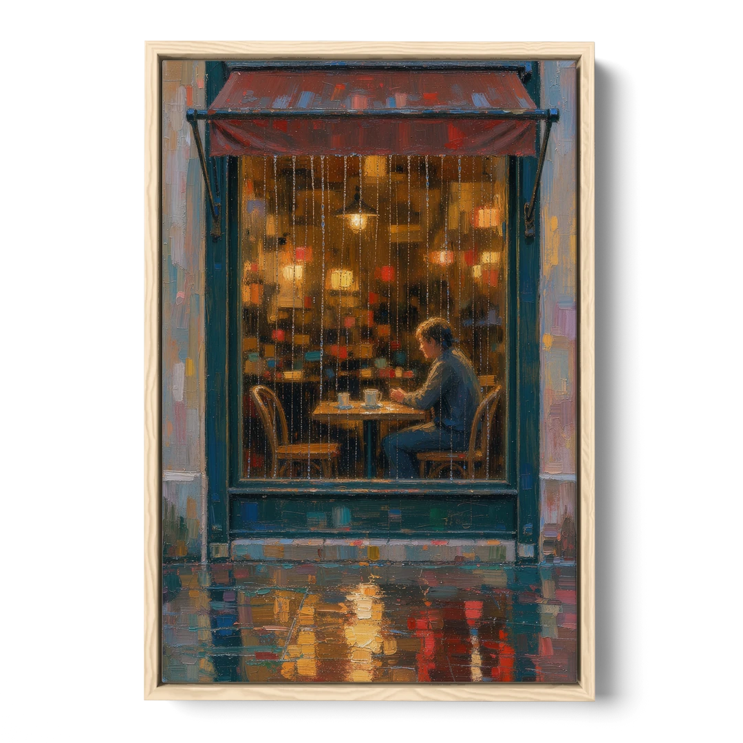 Rainy Cafe Painting of a Lone Window Table - Oak Framed Canvas Wall Art - Front