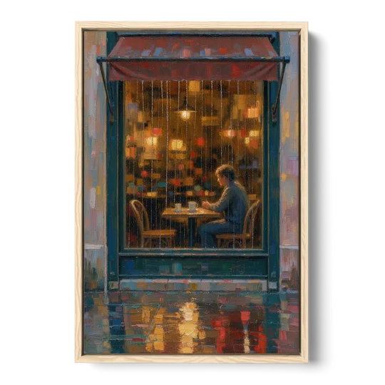 Rainy Cafe Painting of a Lone Window Table - Oak Framed Canvas Wall Art - Front