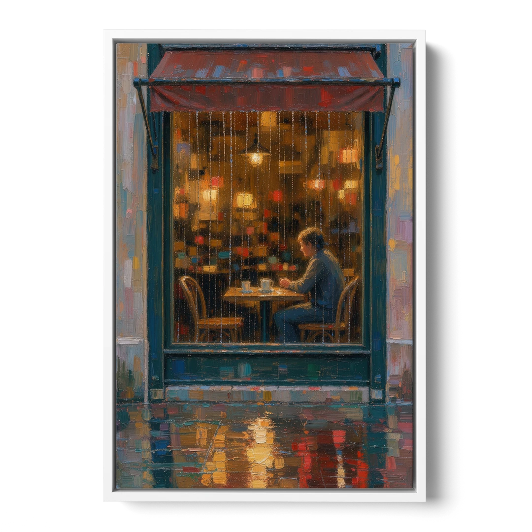 Rainy Cafe Painting of a Lone Window Table - White Framed Canvas Wall Art - Front