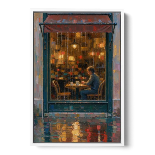 Rainy Cafe Painting of a Lone Window Table - White Framed Canvas Wall Art - Front