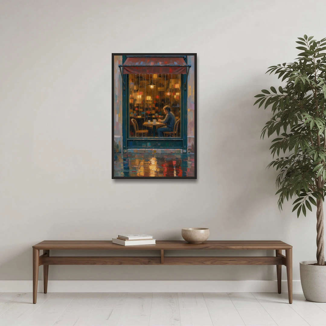 Rainy Cafe Painting of a Lone Window Table - Black Framed Canvas Wall Art - Coffee Table - 24x36