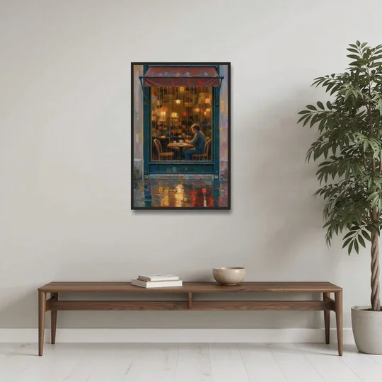 Rainy Cafe Painting of a Lone Window Table - Black Framed Canvas Wall Art - Coffee Table - 24x36