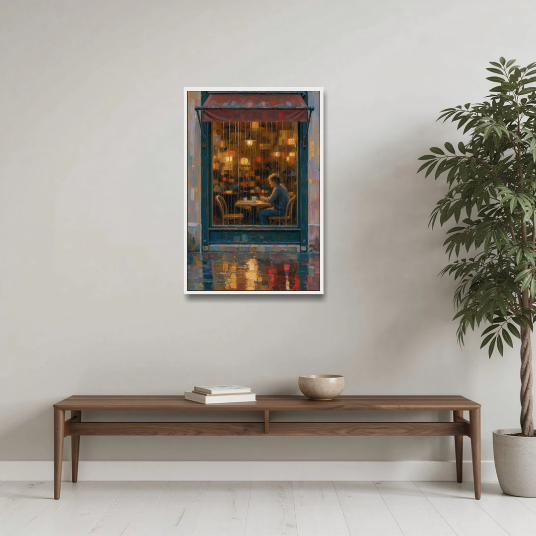 Rainy Cafe Painting of a Lone Window Table - White Framed Canvas Wall Art - Coffee Table - 24x36