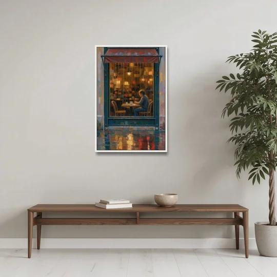 Rainy Cafe Painting of a Lone Window Table - White Framed Canvas Wall Art - Coffee Table - 24x36