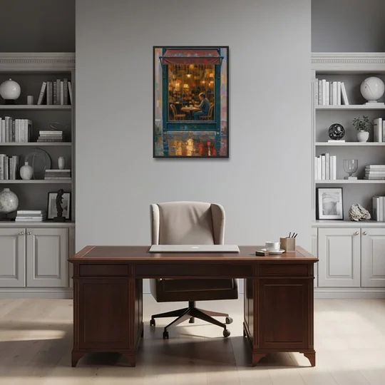 Rainy Cafe Painting of a Lone Window Table - Black Framed Canvas Wall Art - Office - 24x36