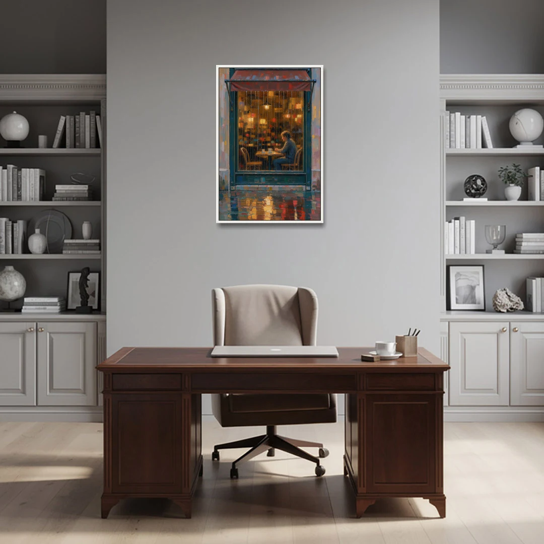 Rainy Cafe Painting of a Lone Window Table - White Framed Canvas Wall Art - Office - 24x36