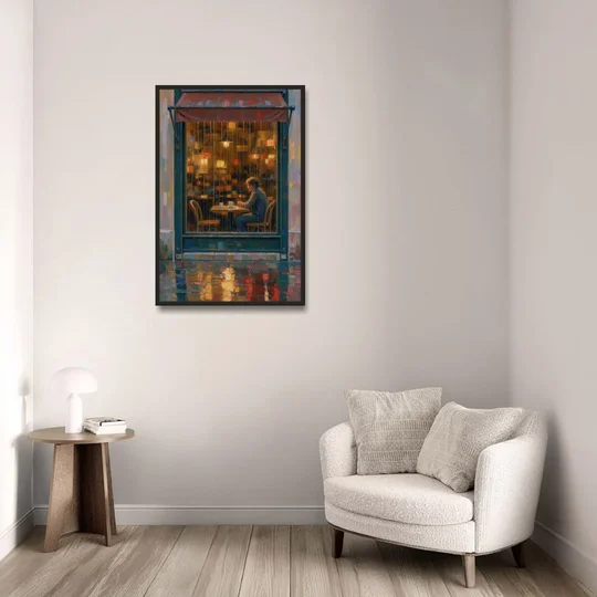 Rainy Cafe Painting of a Lone Window Table - Black Framed Canvas Wall Art - Sofa - 24x36