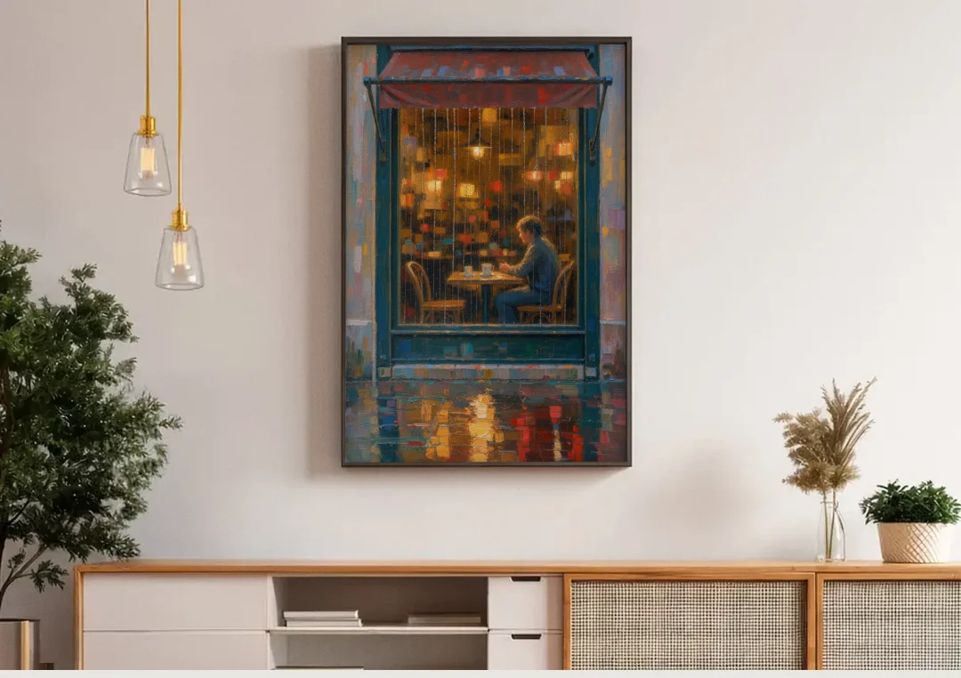 Rainy Cafe Painting of a Lone Window Table canvas wall art above a wooden sideboard under pendant lights