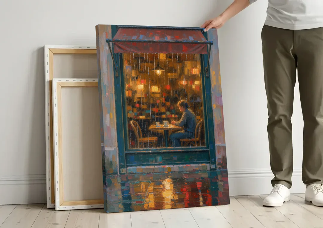 Rainy Cafe Painting of a Lone Window Table canvas wall art leaning against a wall next to blank canvases