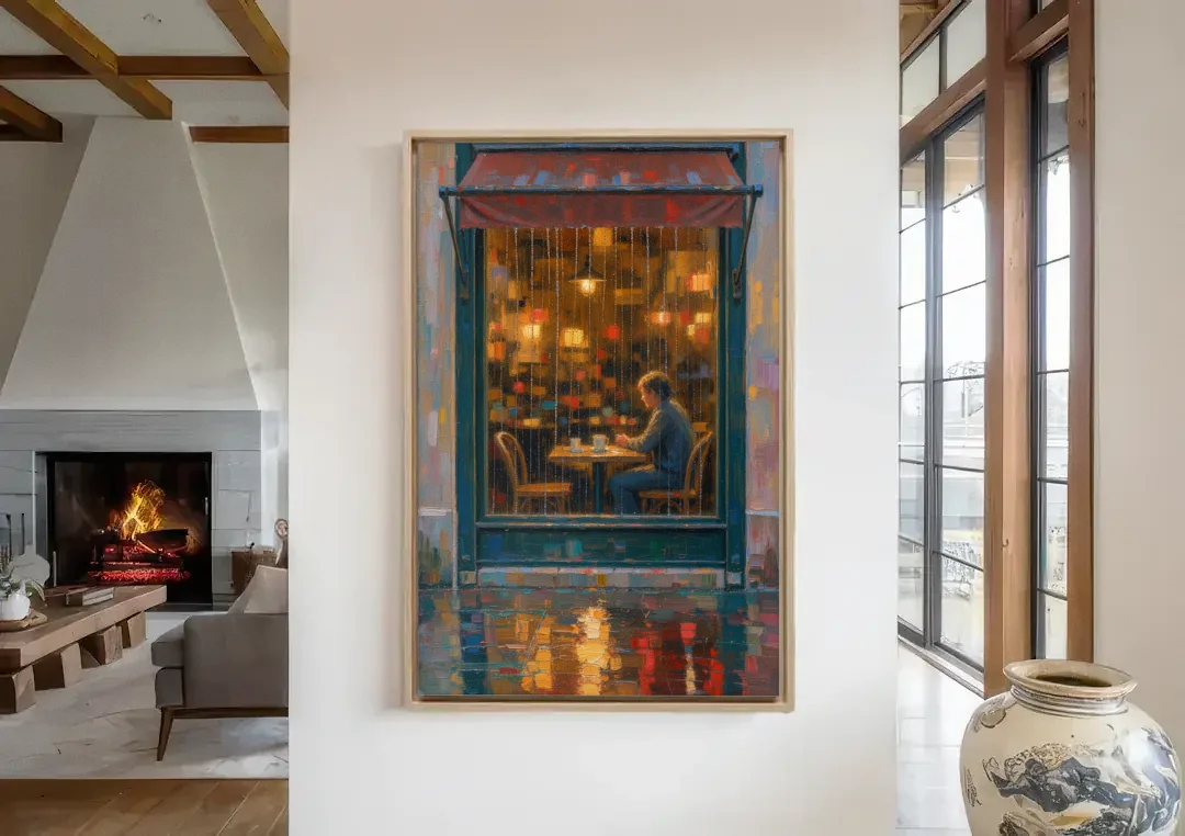 Rainy Cafe Painting of a Lone Window Table canvas wall art in a living room with a fireplace