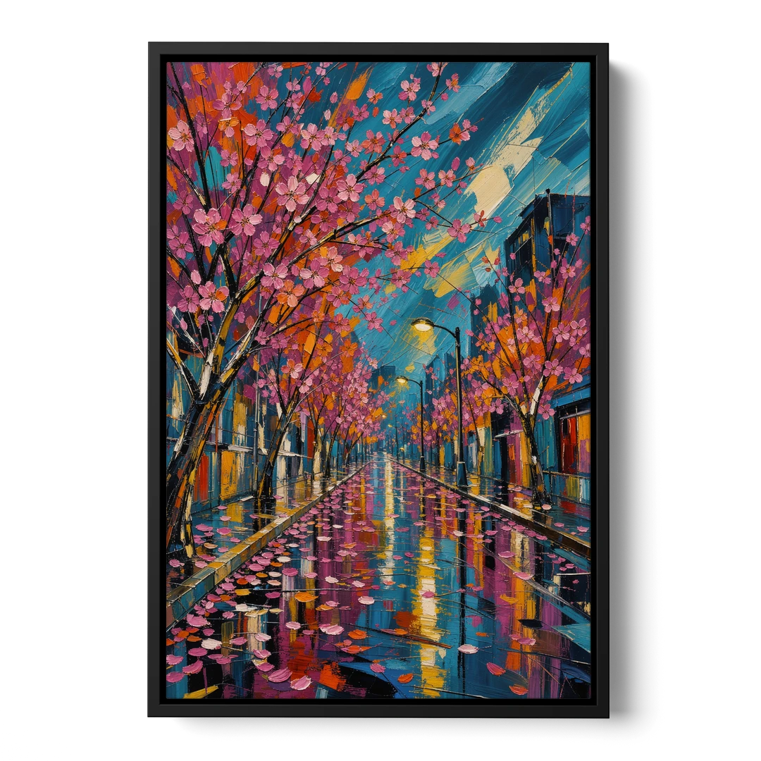 Rainy Sakura Street in Expressive Style - Black Framed Canvas Wall Art - Front