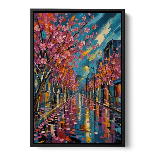 Rainy Sakura Street in Expressive Style - Black Framed Canvas Wall Art - Front
