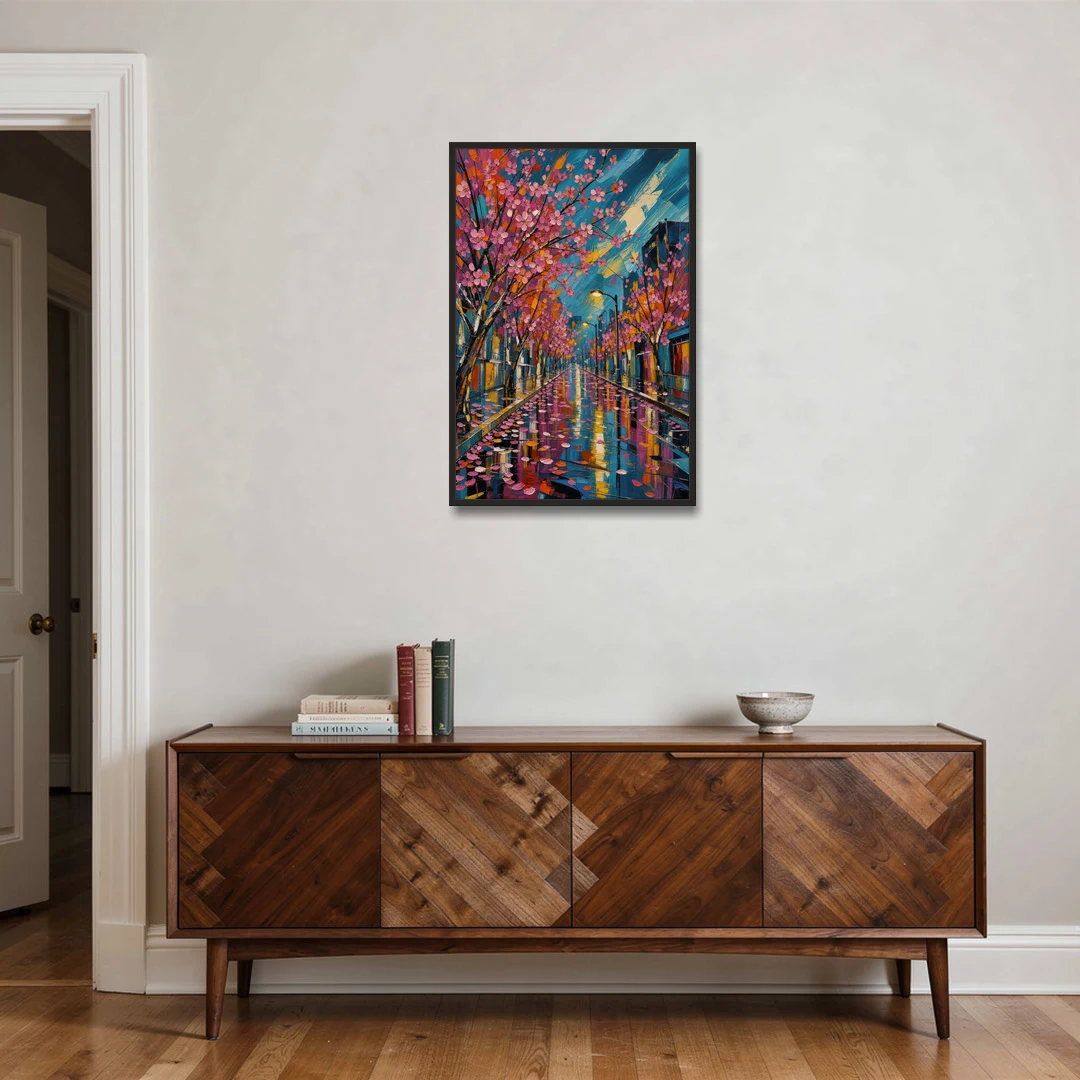 Rainy Sakura Street in Expressive Style - Black Framed Canvas Wall Art - Coffee Table - 24x36