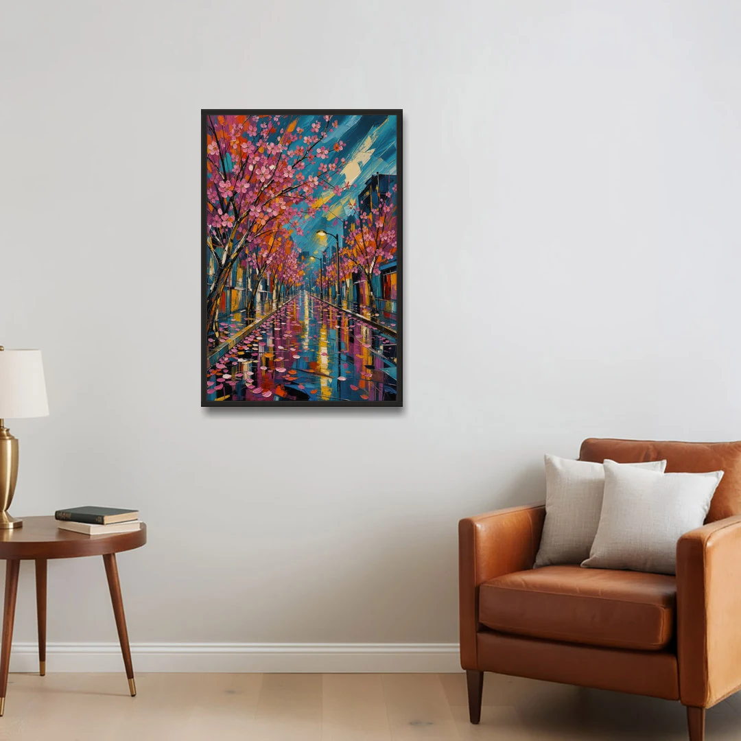 Rainy Sakura Street in Expressive Style - Black Framed Canvas Wall Art - Sofa - 24x36