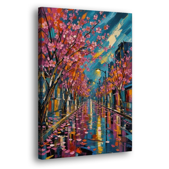 Rainy Sakura Street in Expressive Style - Canvas Wall Art - Side