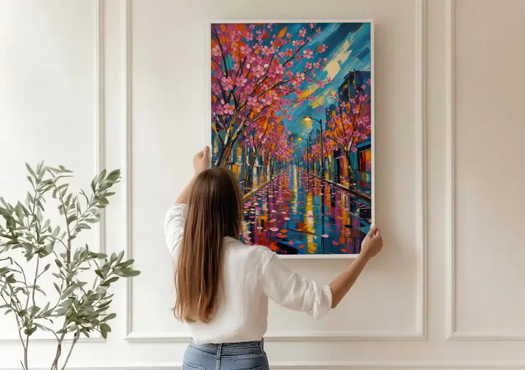 Rainy Sakura Street in Expressive Style canvas wall art being hung on a paneled wall