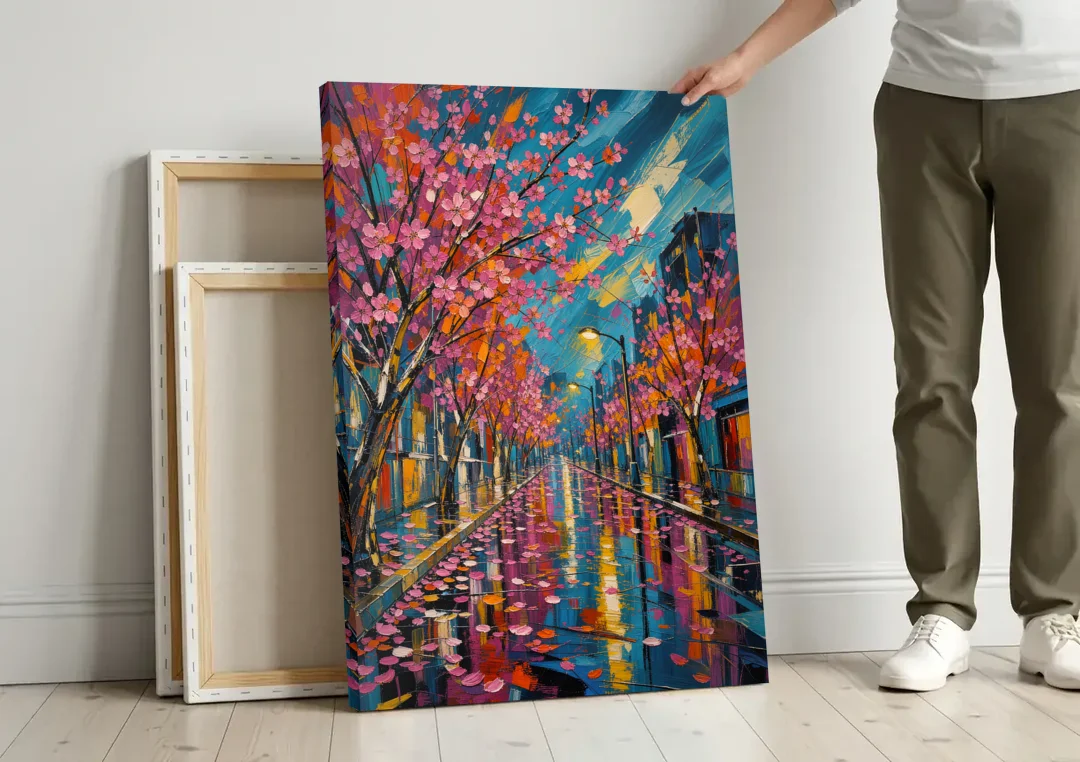 Rainy Sakura Street in Expressive Style canvas wall art leaning against a wall next to blank canvases