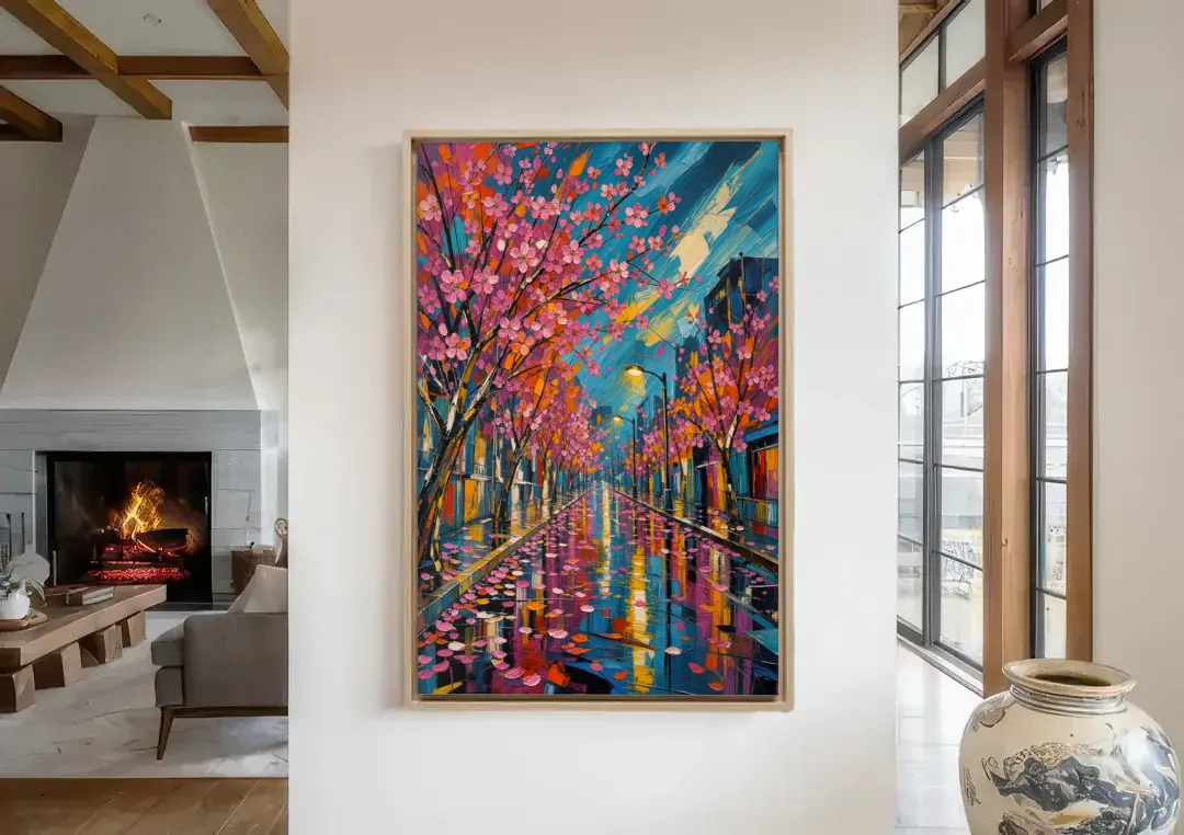 Rainy Sakura Street in Expressive Style canvas wall art in a living room with a fireplace