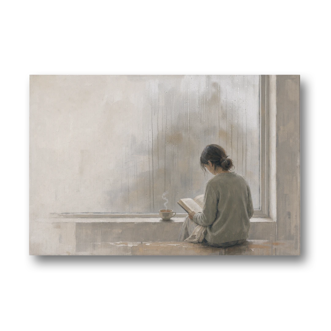 Rainy Window Painting with Tea on the Sill - Canvas Wall Art - Front