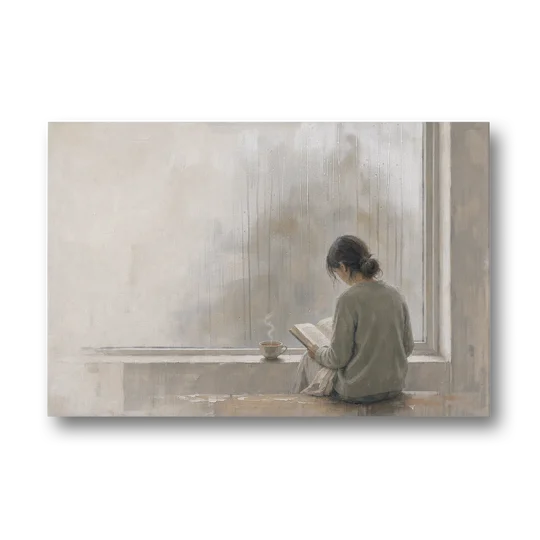 Rainy Window Painting with Tea on the Sill - Canvas Wall Art - Front