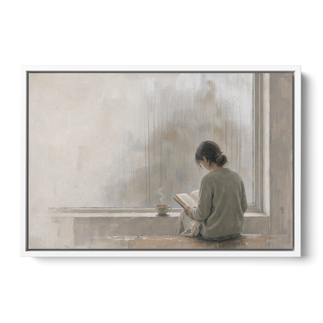Rainy Window Painting with Tea on the Sill - White Framed Canvas Wall Art - Front