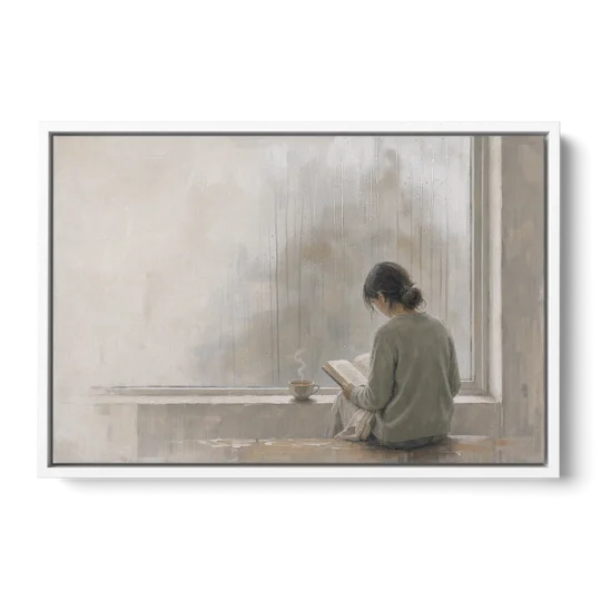 Rainy Window Painting with Tea on the Sill - White Framed Canvas Wall Art - Front