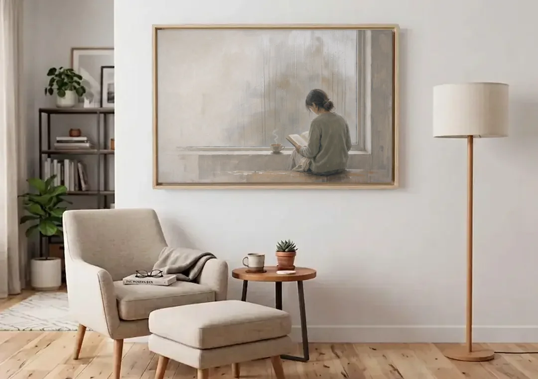 Rainy Window Painting with Tea on the Sill canvas wall art above an armchair in a bright living room