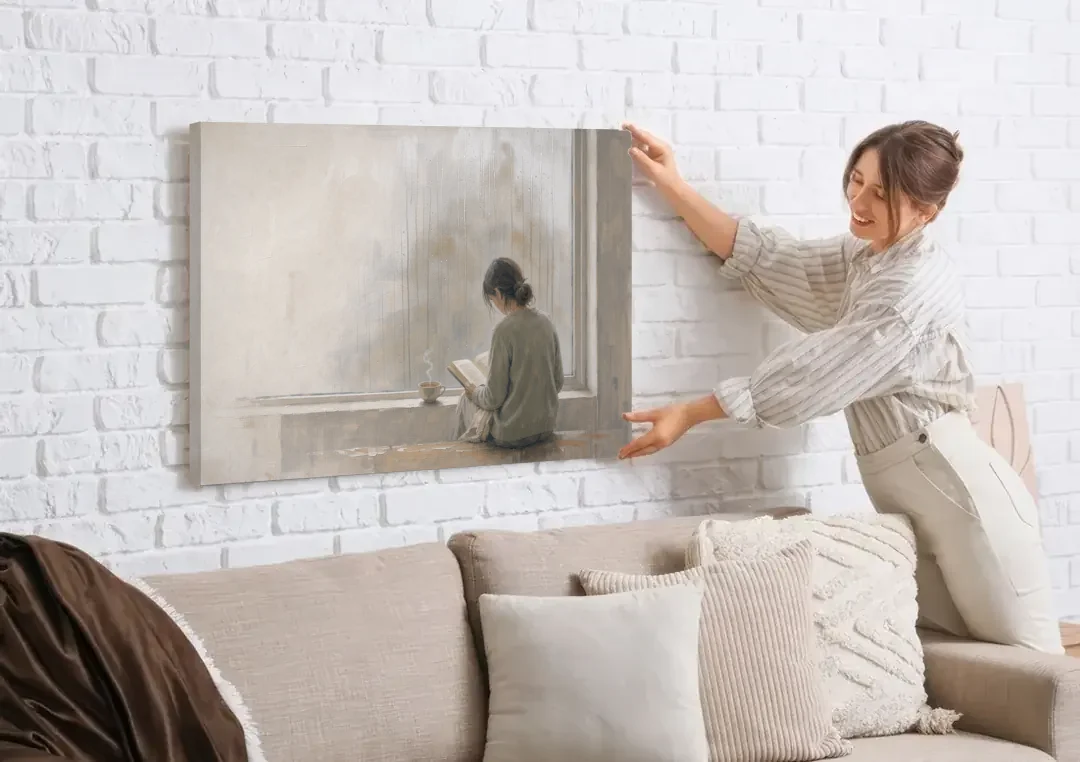 Rainy Window Painting with Tea on the Sill canvas wall art being hung on a white brick wall above a sofa