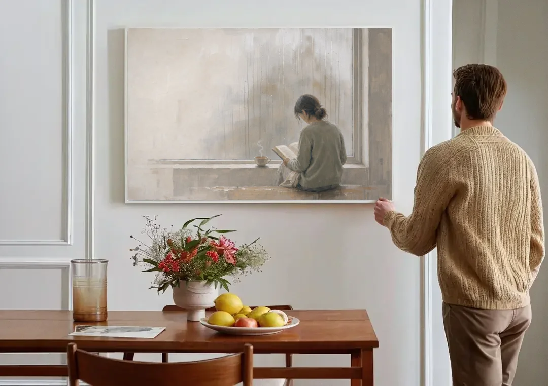 Rainy Window Painting with Tea on the Sill canvas wall art above a dining table