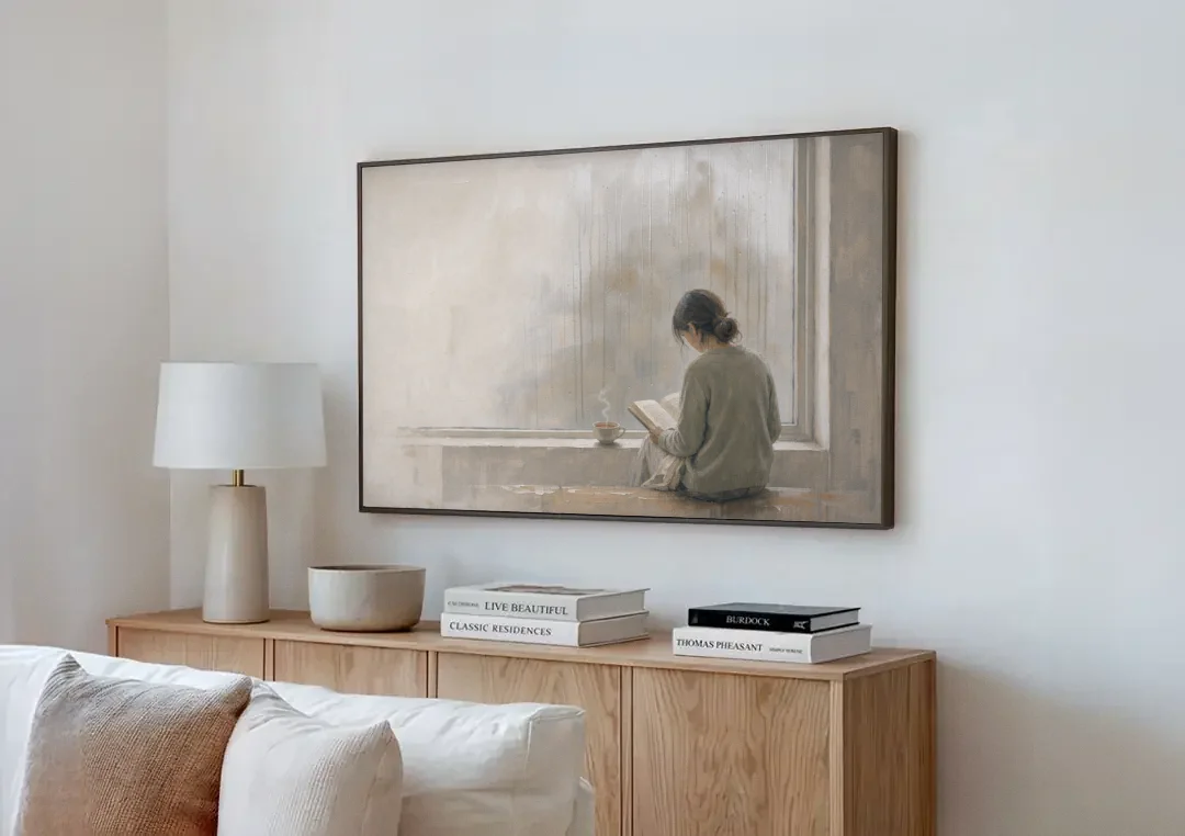 Rainy Window Painting with Tea on the Sill canvas wall art above a wooden sideboard next to a sofa