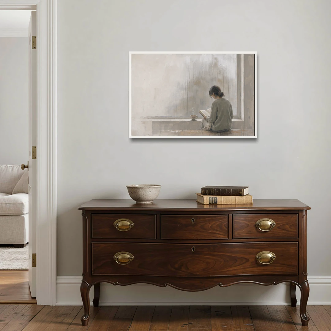 Rainy Window Painting with Tea on the Sill - White Framed Canvas Wall Art - Coffee Table - 36x24