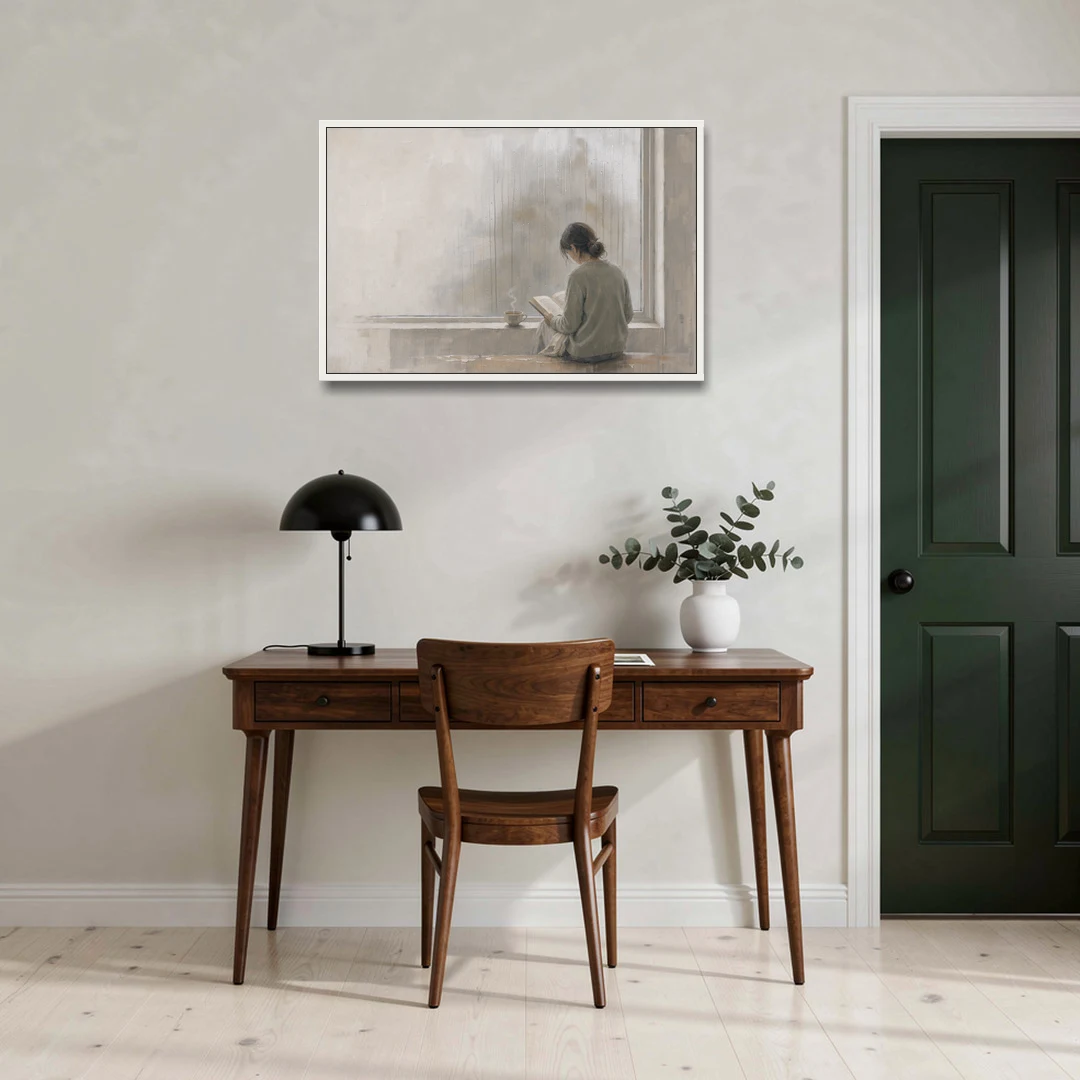 Rainy Window Painting with Tea on the Sill - White Framed Canvas Wall Art - Office - 36x24