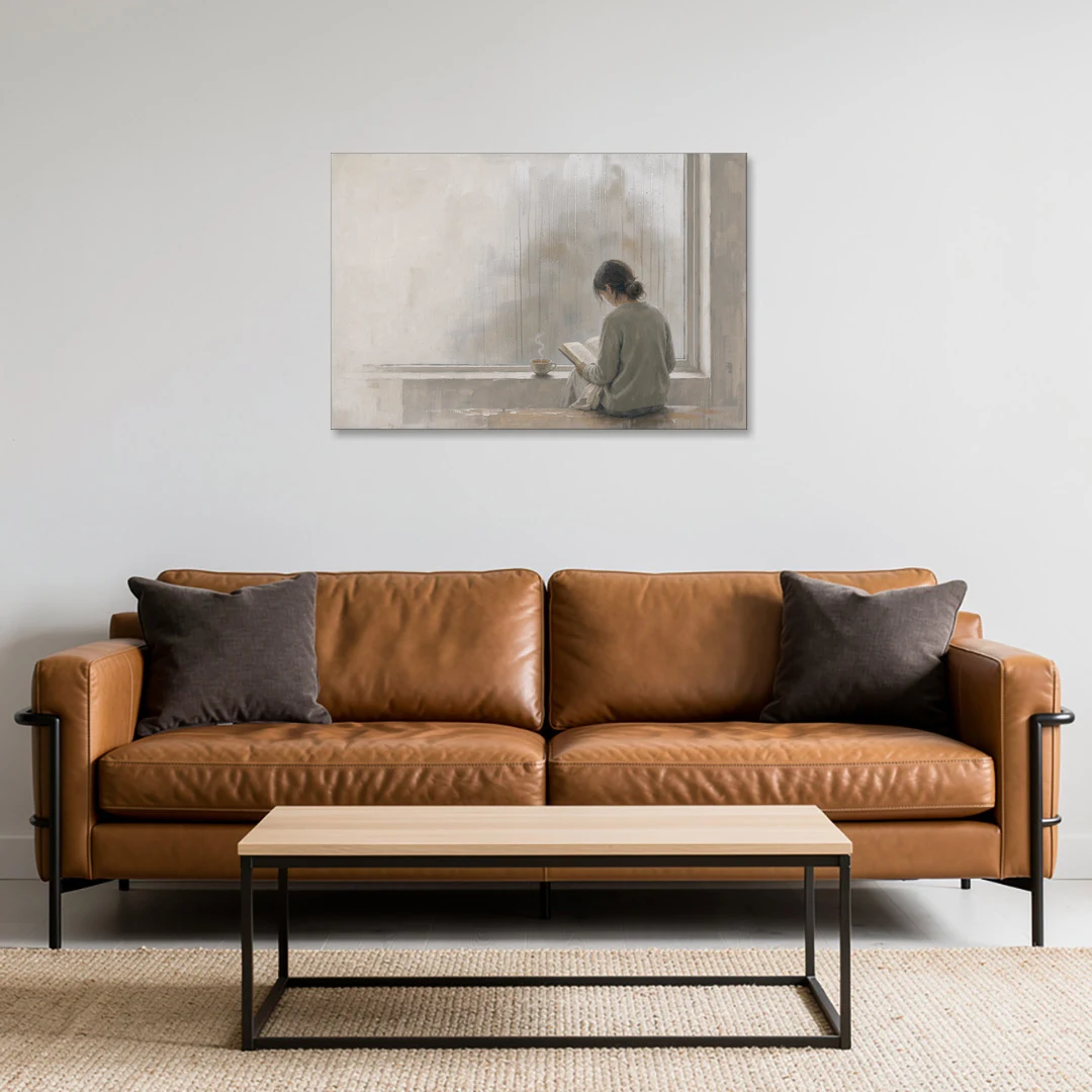 Rainy Window Painting with Tea on the Sill - Canvas Wall Art - Sofa - 36x24