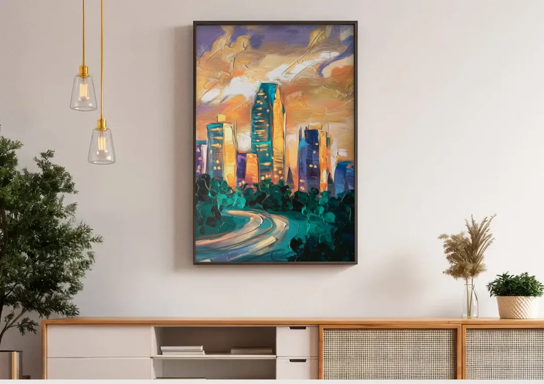 Raleigh Contemporary Cityscape canvas wall art above a wooden sideboard under pendant lights