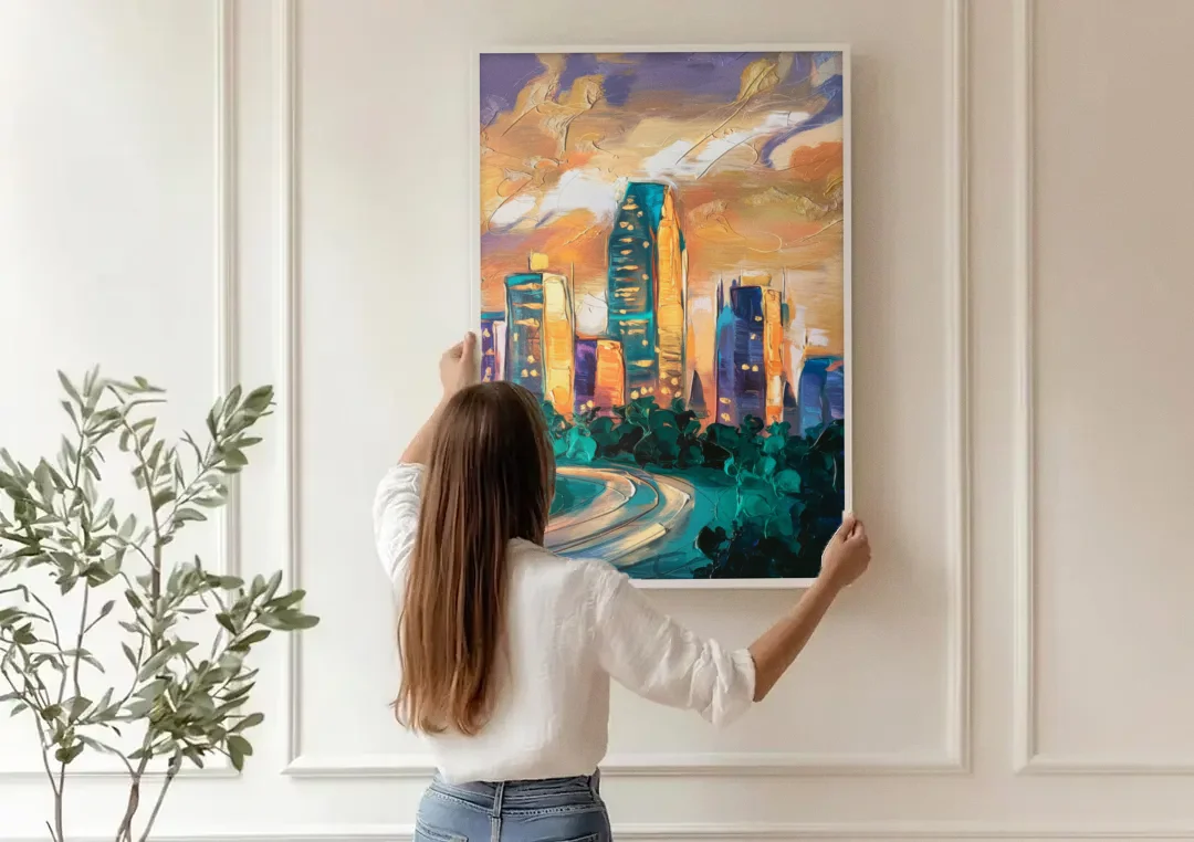Raleigh Contemporary Cityscape canvas wall art being hung on a paneled wall