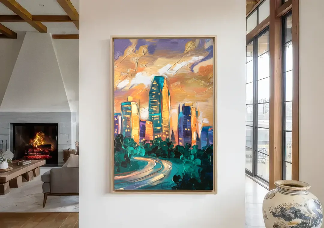 Raleigh Contemporary Cityscape canvas wall art in a living room with a fireplace