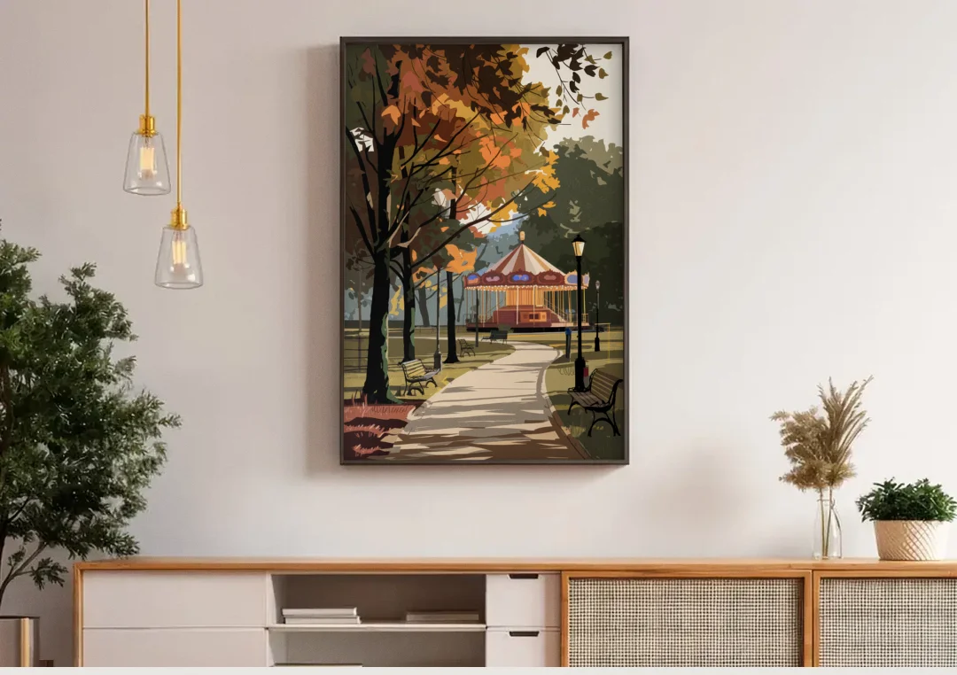 Raleigh Nature and Parks canvas wall art above a wooden sideboard under pendant lights