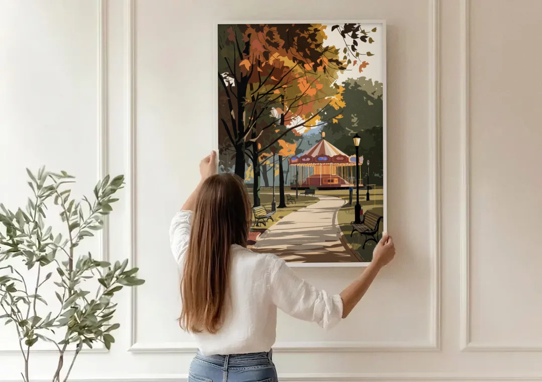 Raleigh Nature and Parks canvas wall art being hung on a paneled wall