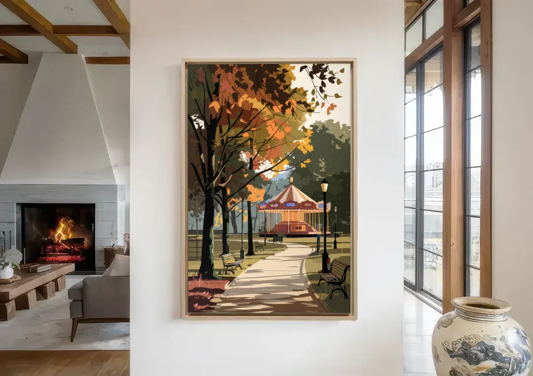 Raleigh Nature and Parks canvas wall art in a living room with a fireplace