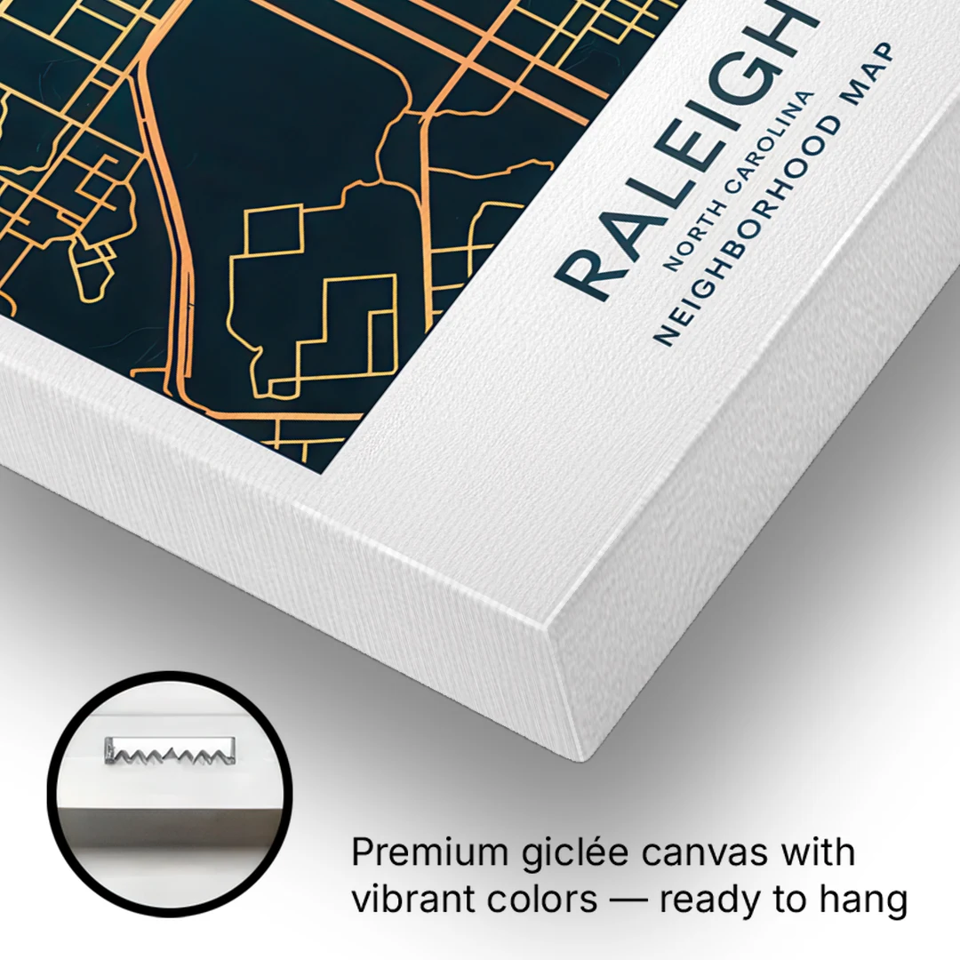 Raleigh Neighborhood Map - Canvas Wall Art - Gallery Wrap Corner