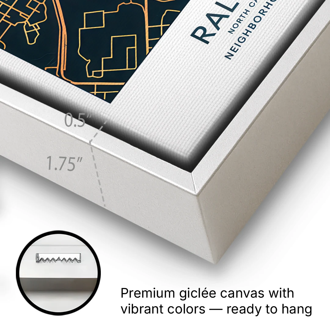 Raleigh Neighborhood Map - White Framed Canvas Wall Art - Gallery Wrap Corner